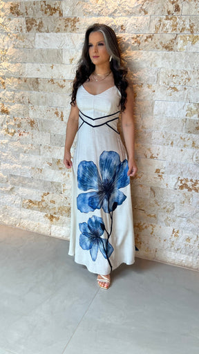 Vestido Longo Floral com Detalhes em Preto 5902