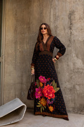 Vestido Longo Manga Flores Vivas ARTE- Estampado Preto 5719
