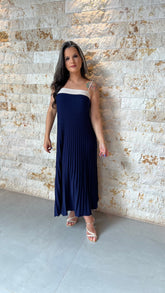 Vestido Midi Tricô Plissado POLI- Azul Marinho 5896