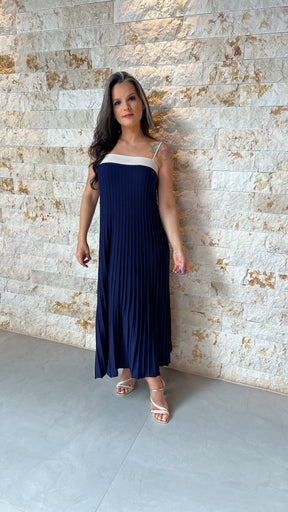 Vestido Midi Tricô Plissado POLI- Azul Marinho 5896