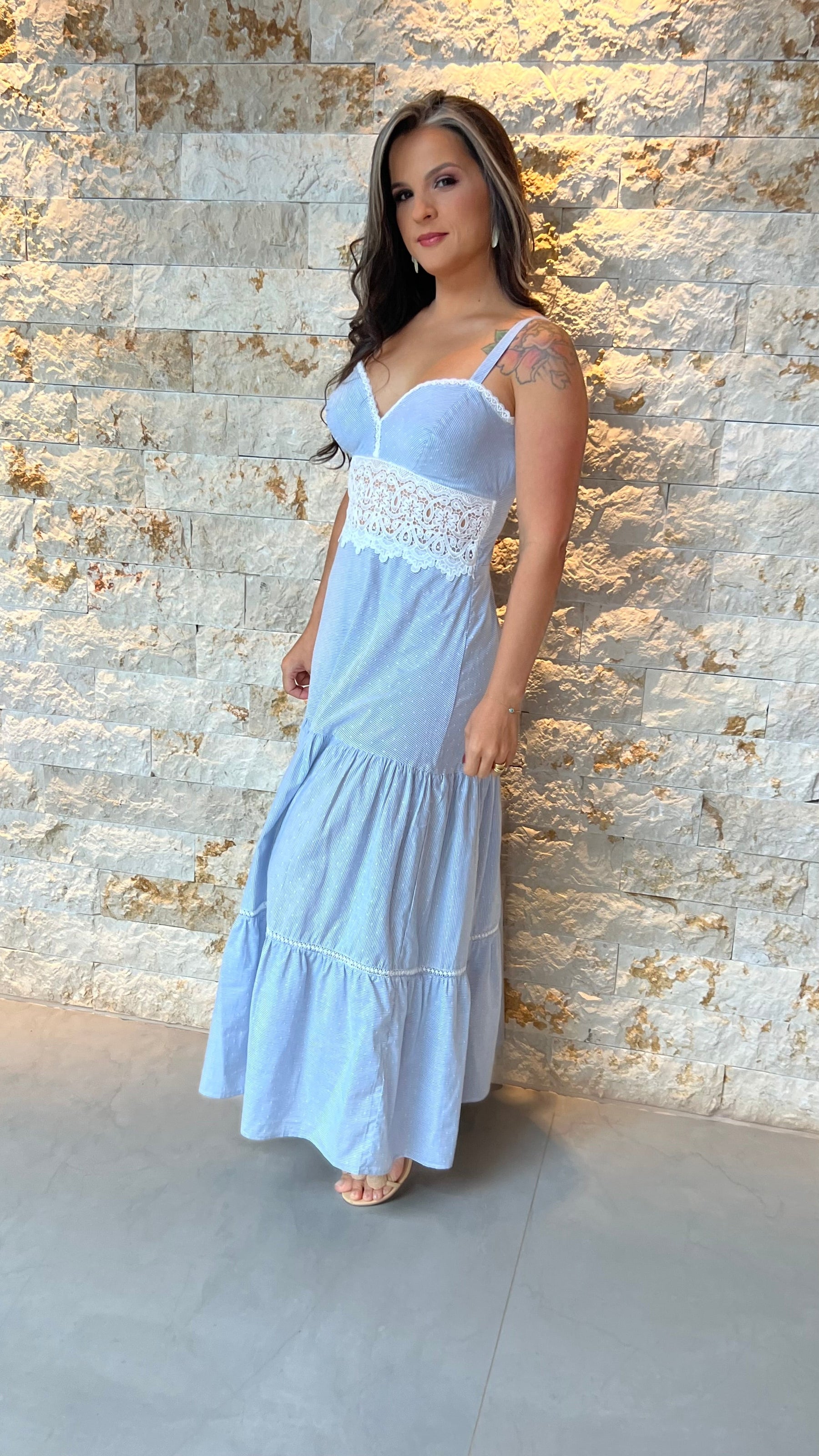 Vestido Midi Strips Detalhe Renda PIS- Estampado 5873