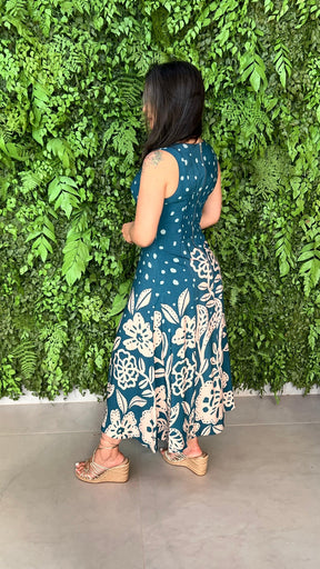 Vestido Midi Regata Recorte Poá PIS - Liso Verde Estampado 5279