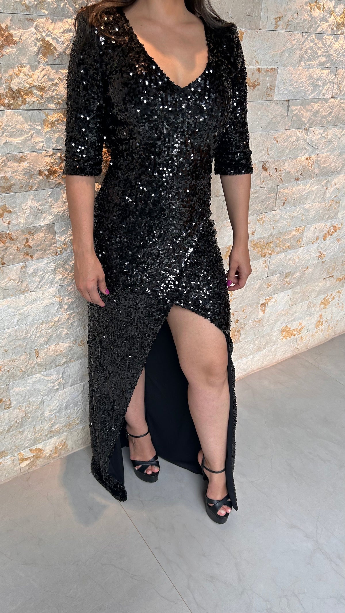 Vestido Longo Paete Fenda - Liso Preto 4333