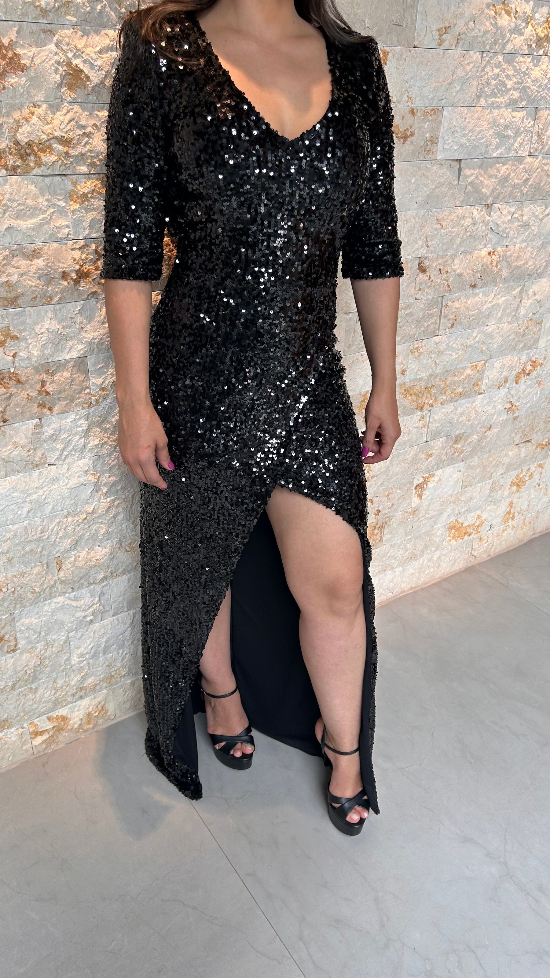 Vestido Longo Paete Fenda - Liso Preto 4333