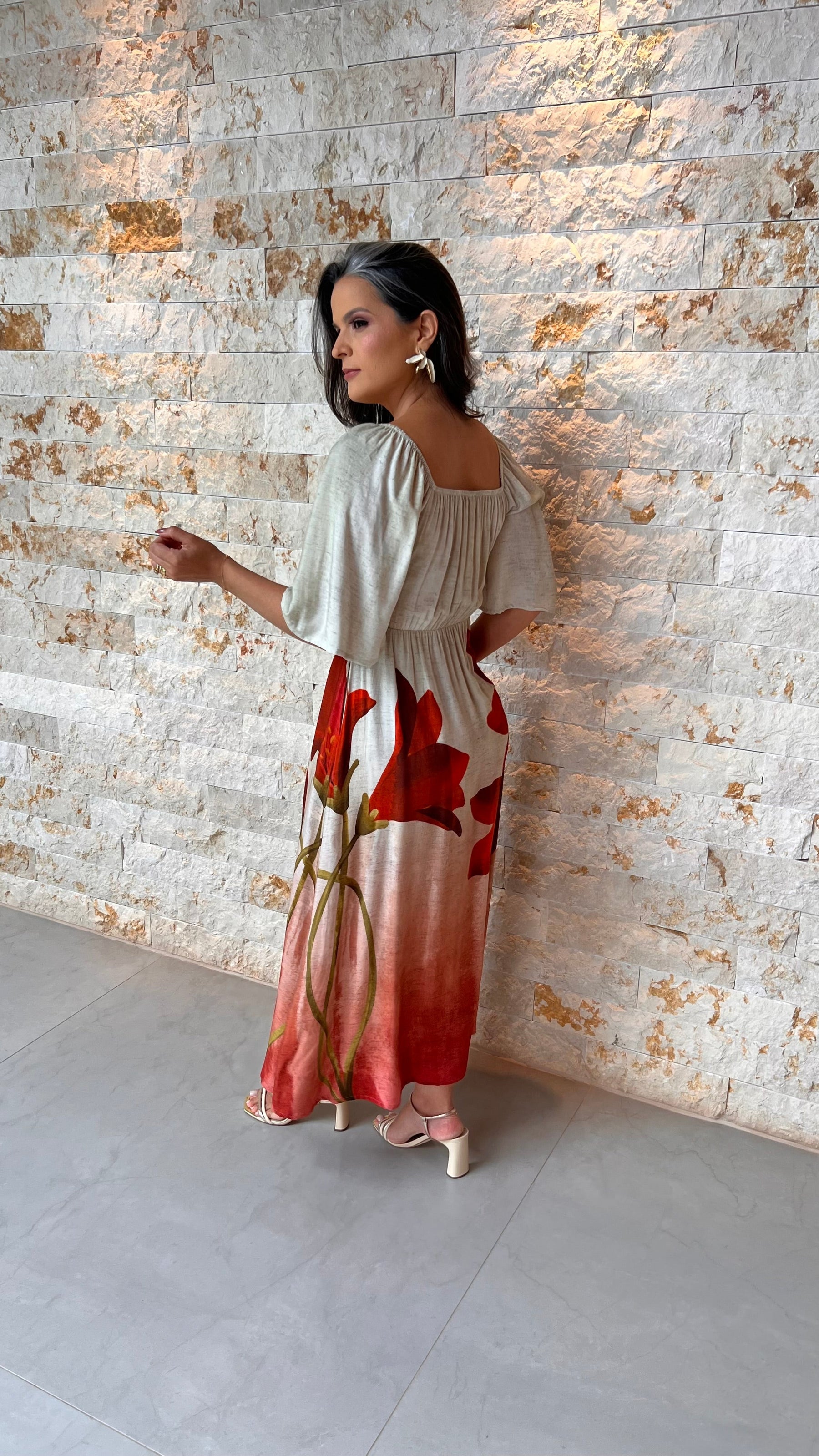 Vestido Midi Flor Laranja RIO- Estampado 5959