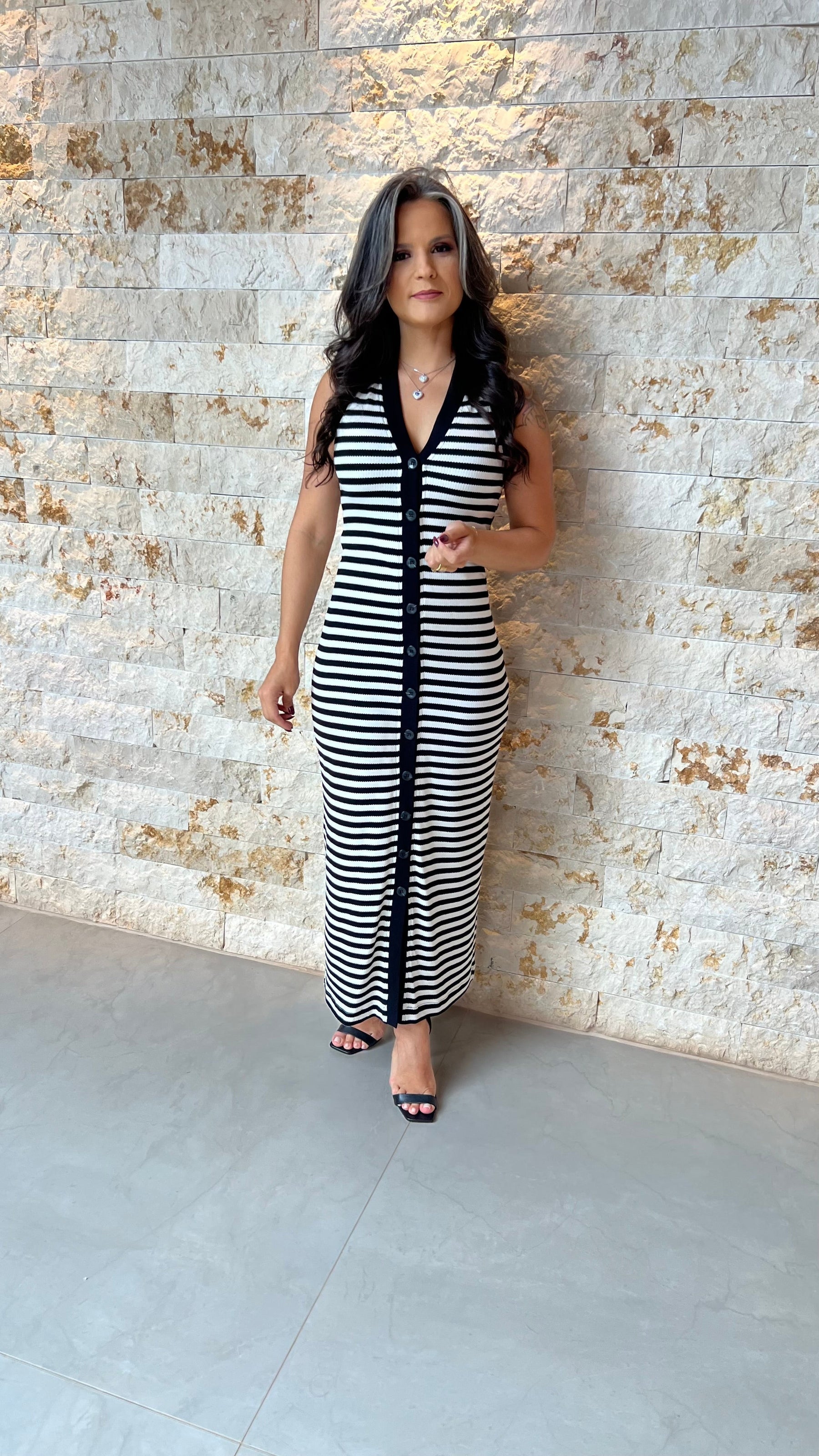 Vestido Midi Malha Stripe PIS- Preto 5938