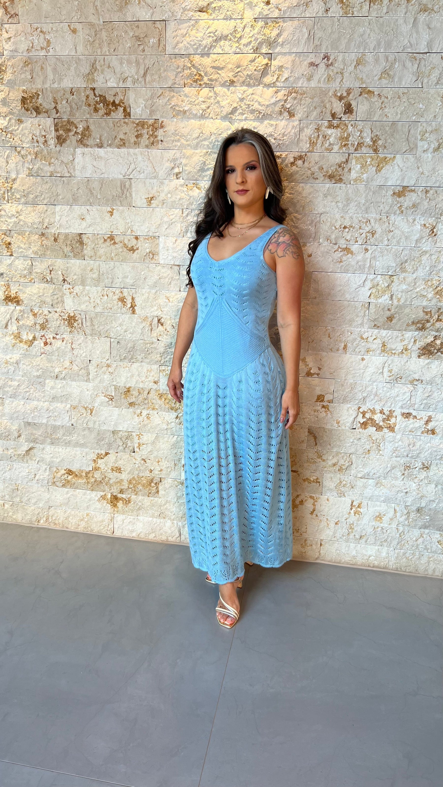 Vestido Midi Tricô Cintura Baixa POLI- Azul 5912