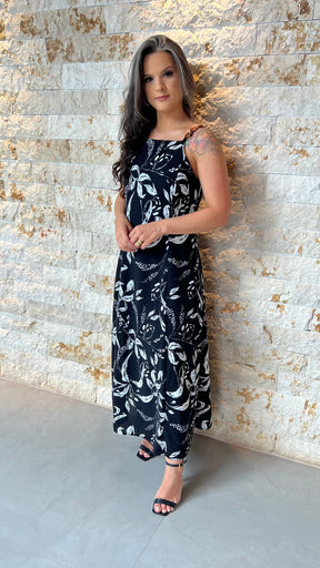Vestido Midi Alça Fivela ALO- Estampado Preto 5928