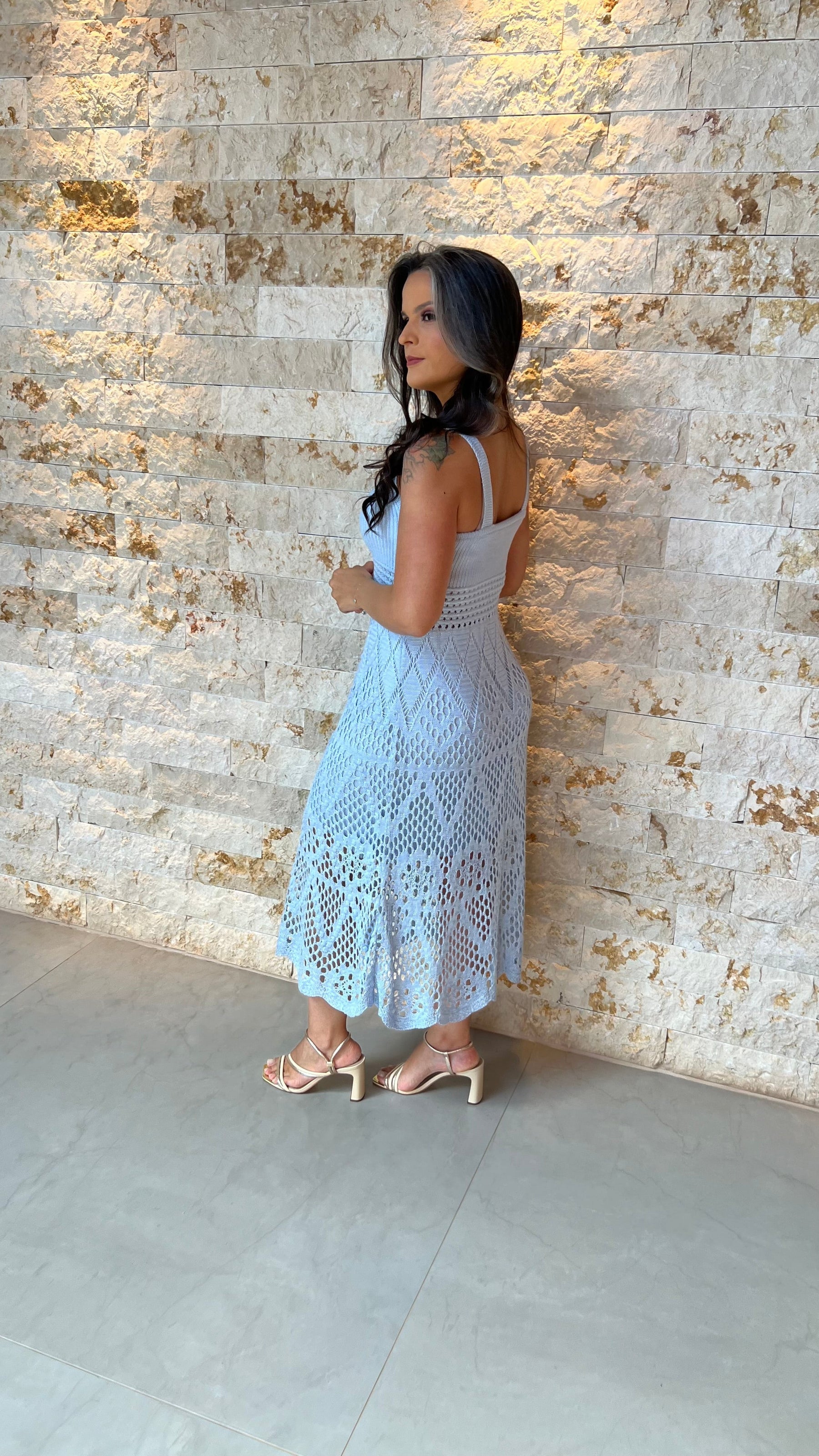 Vestido Midi Tricô Bordado POLI- Azul 5911