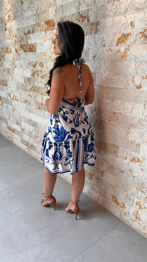 Vestido Curto Ajuste Cintura POLI- Estampado Azul 5979