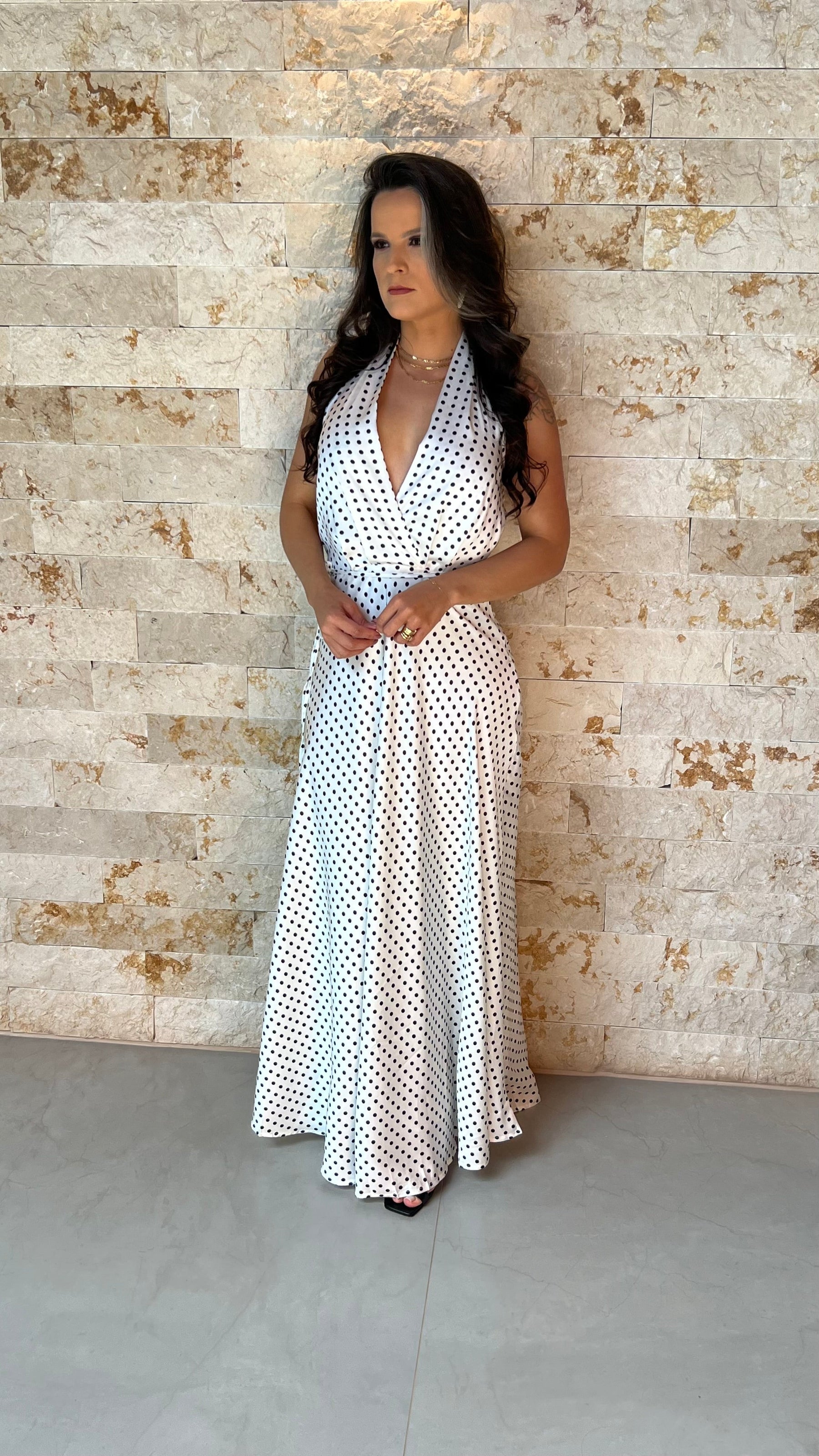 Vestido Longo Frente Única Poá- Branco 5909