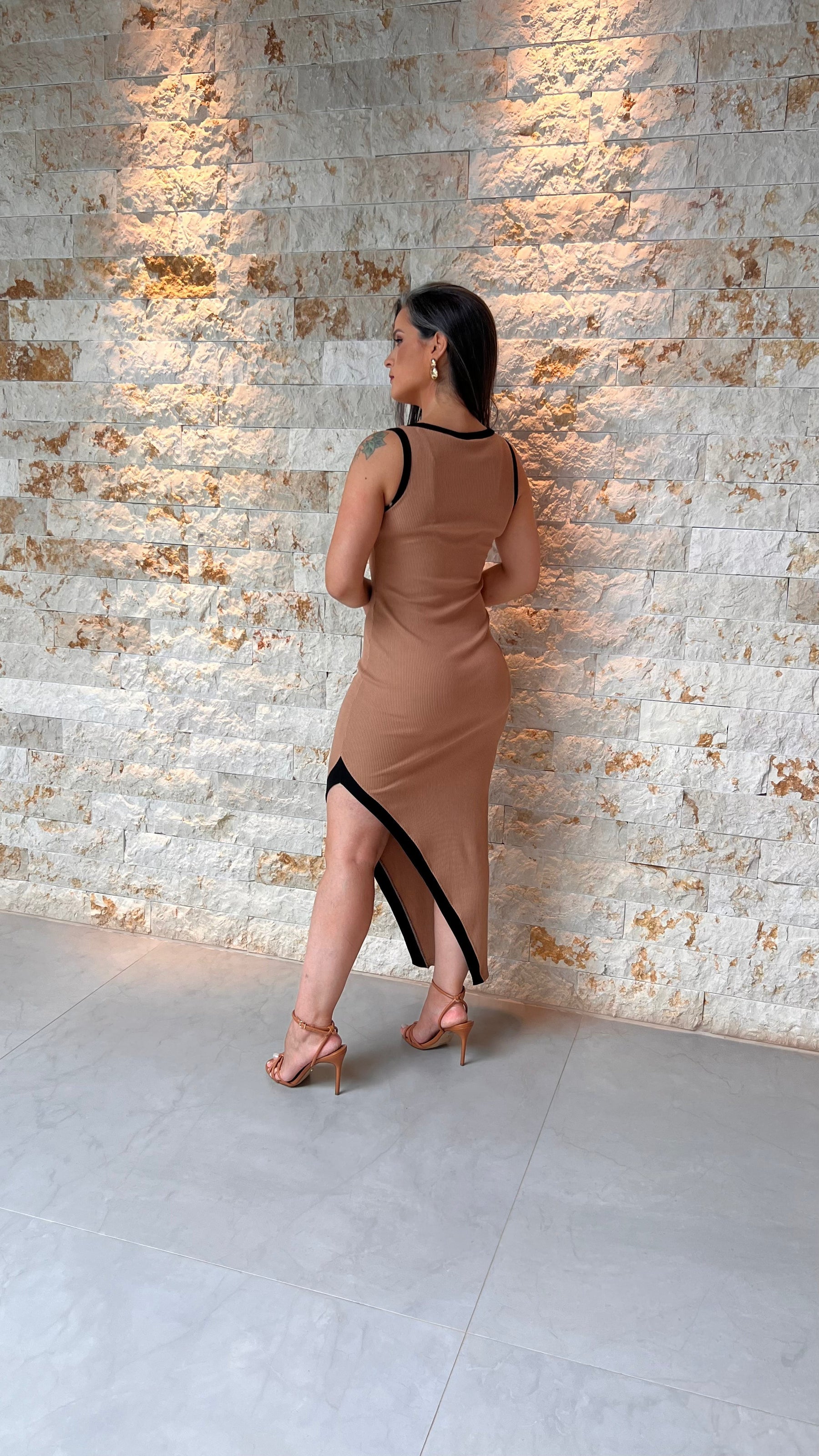 Vestido Regata Midi Malha Canelada Bicolor - Liso Nude 5484