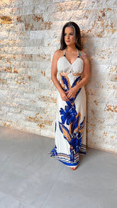 Vestido Longo Busto Crochê Flor Azul Grande ARTE- Estampado 5440