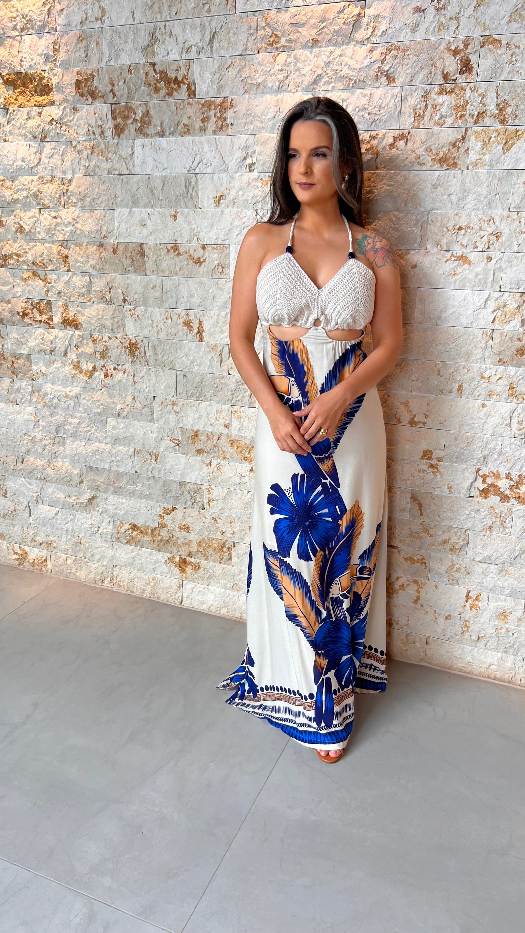 Vestido Longo Busto Crochê Flor Azul Grande ARTE- Estampado 5440