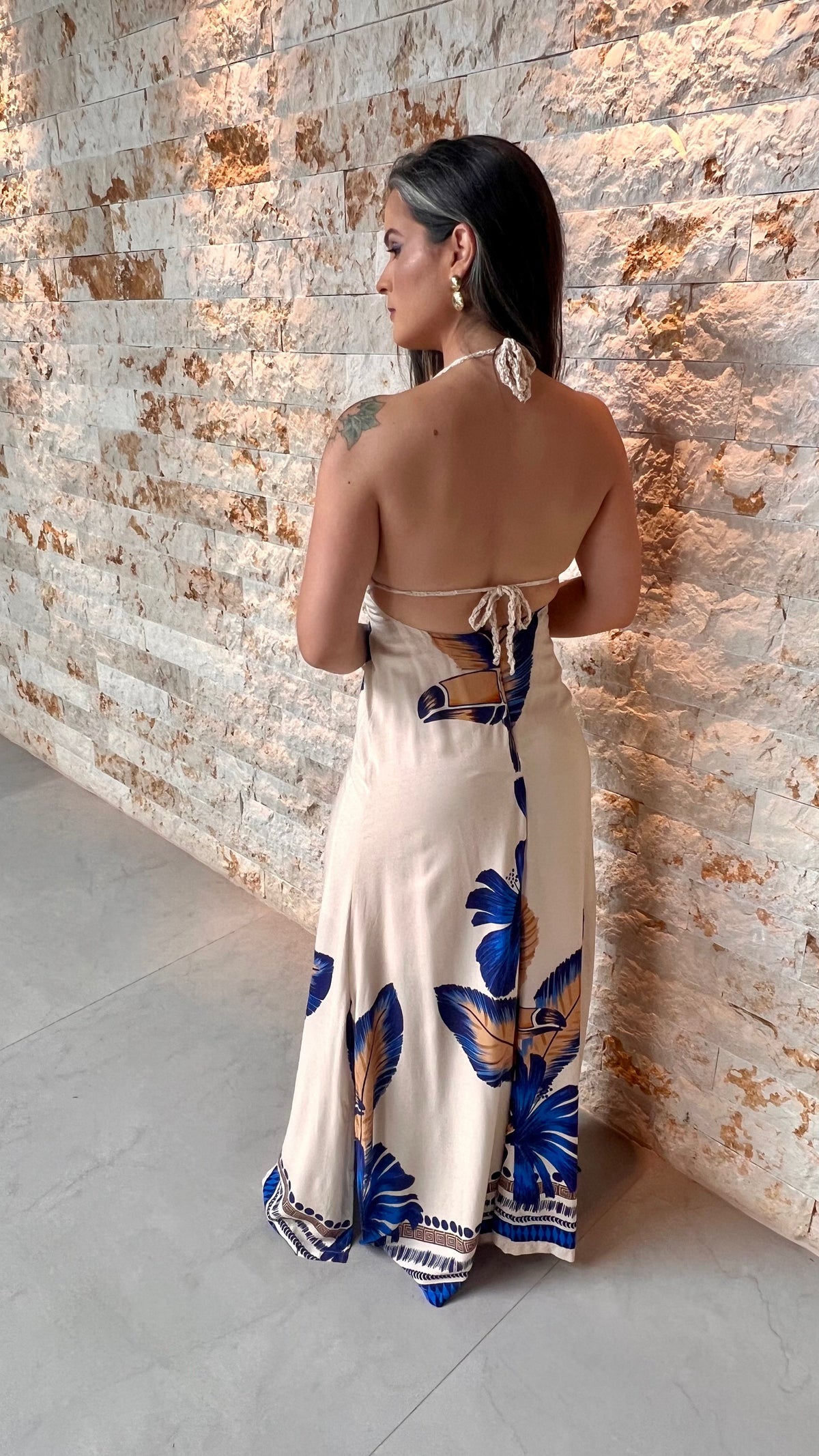 Vestido Longo Busto Crochê Flor Azul Grande ARTE- Estampado 5440