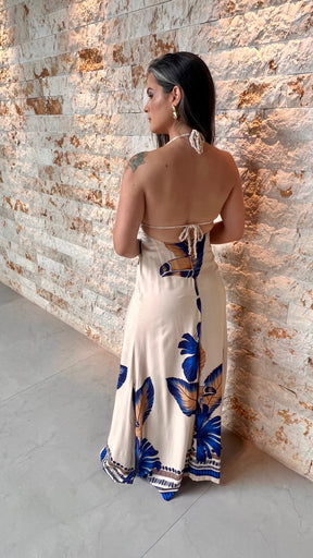 Vestido Longo Busto Crochê Flor Azul Grande ARTE- Estampado 5440