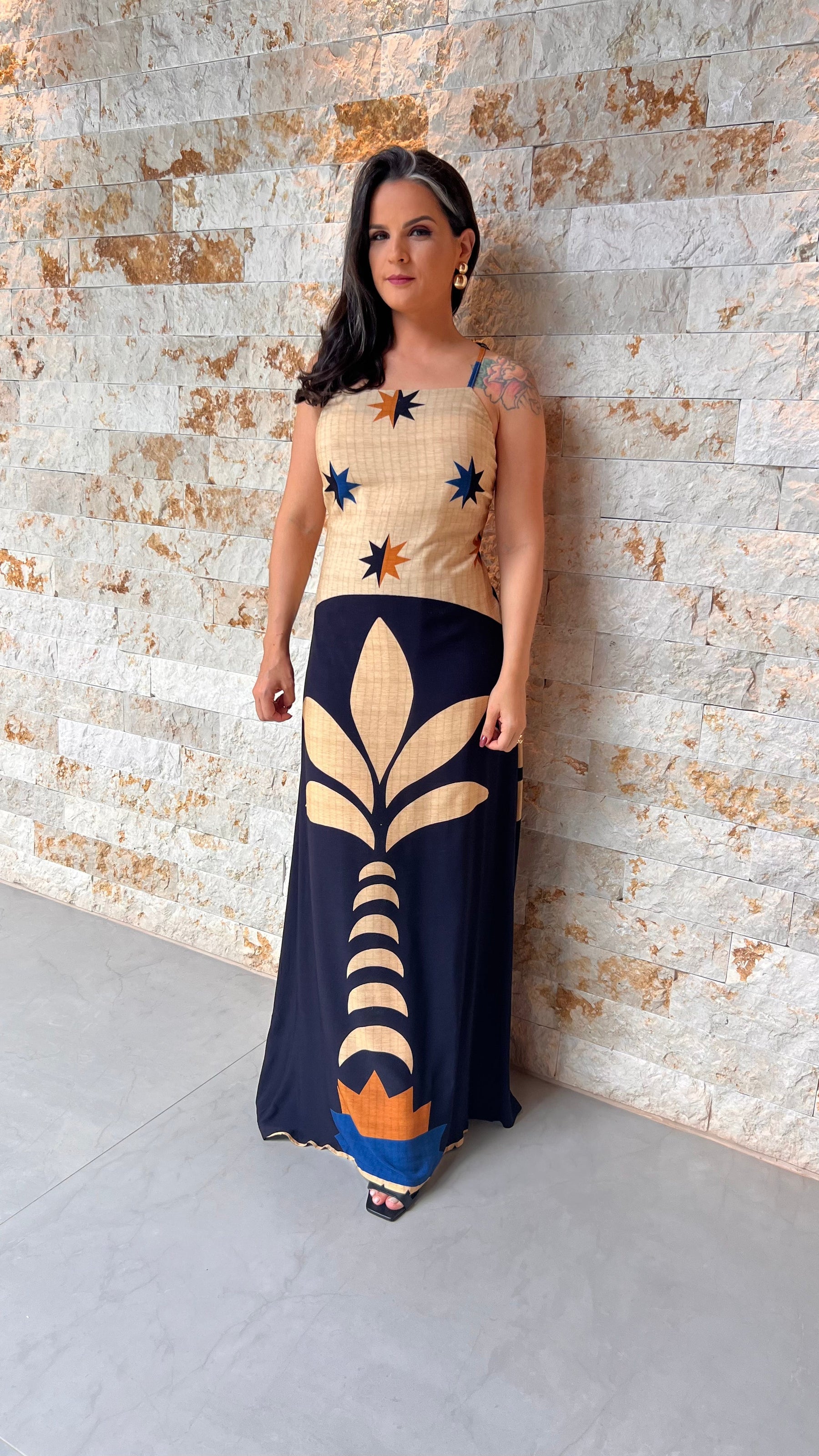 Vestido Longo Coqueiro Nude ARTE- Estampado 5460