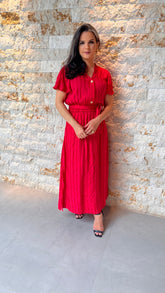 Vestido Midi Botões Faixa ILLU - Liso Vermelho 5457