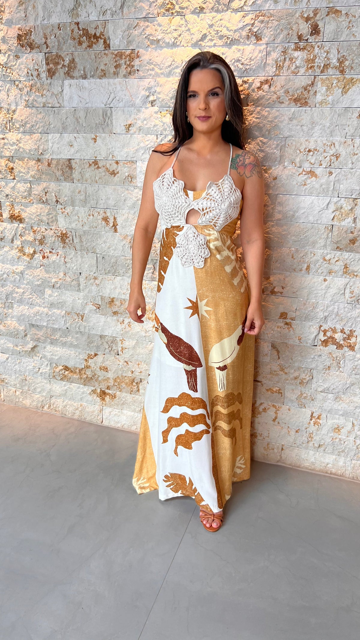 Vestido Longo Flor Crochê Busto ARTE- Estampado 5437