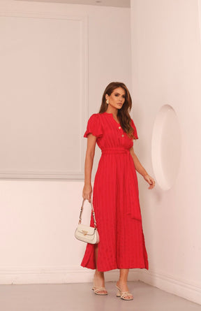 Vestido Midi Botões Faixa ILLU - Liso Vermelho 5457