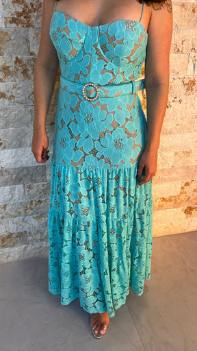 Vestido Midi Cinto Perola Limon- Liso Azul 5320