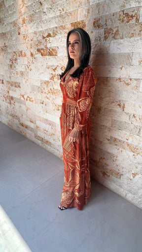 Vestido Longo Manga Folhagem RIO - Estampado 5338