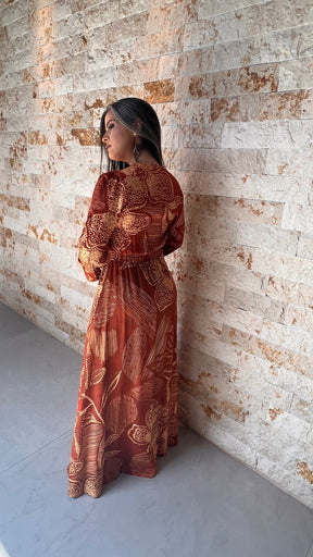 Vestido Longo Manga Folhagem RIO - Estampado 5338