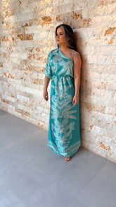 Vestido Longo Nula Manga  Seda ARTE- Liso  Azul 5376