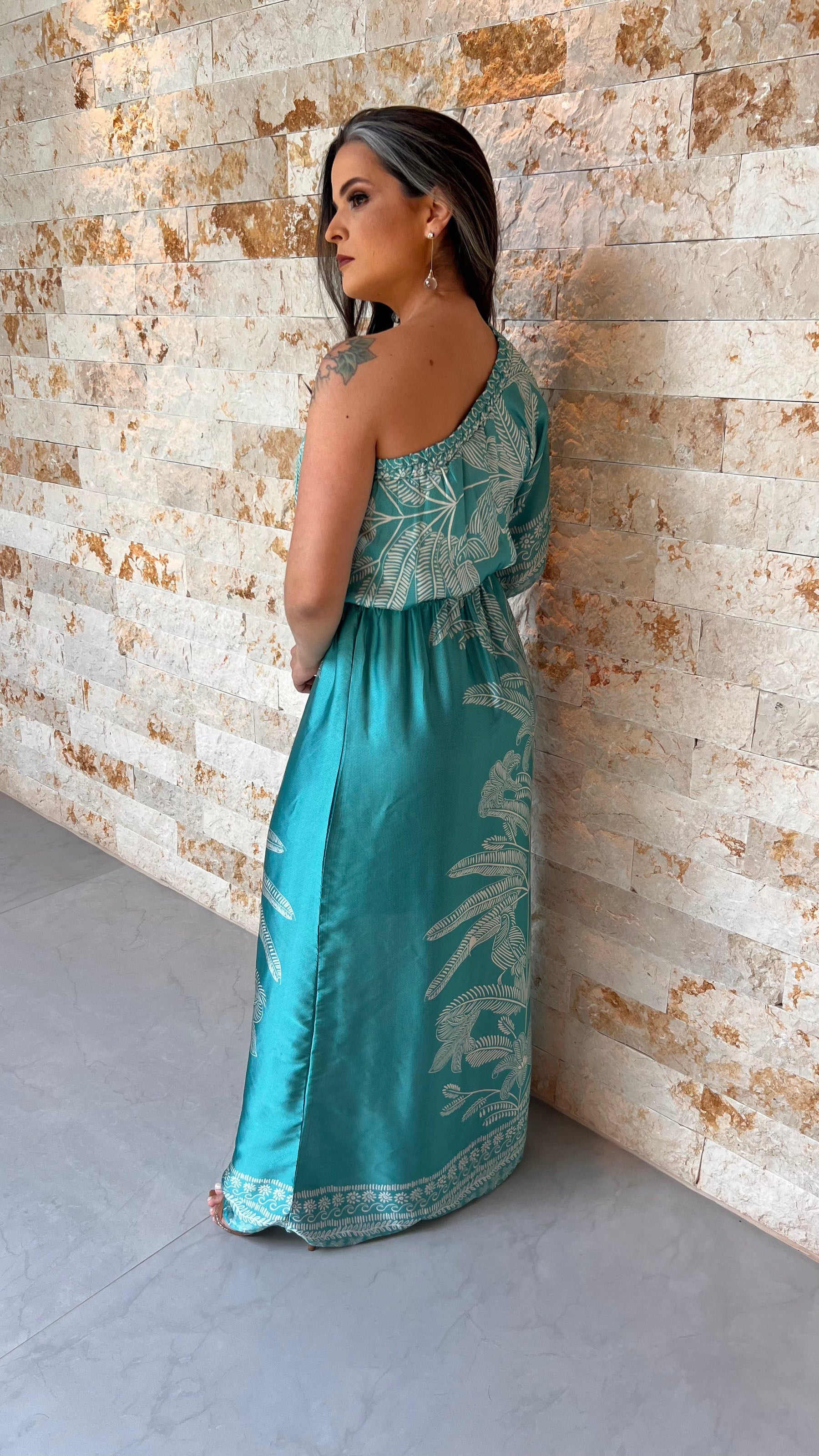 Vestido Longo Nula Manga  Seda ARTE- Liso  Azul 5376