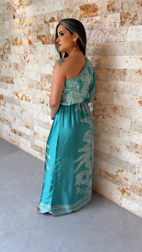 Vestido Longo Nula Manga  Seda ARTE- Liso  Azul 5376