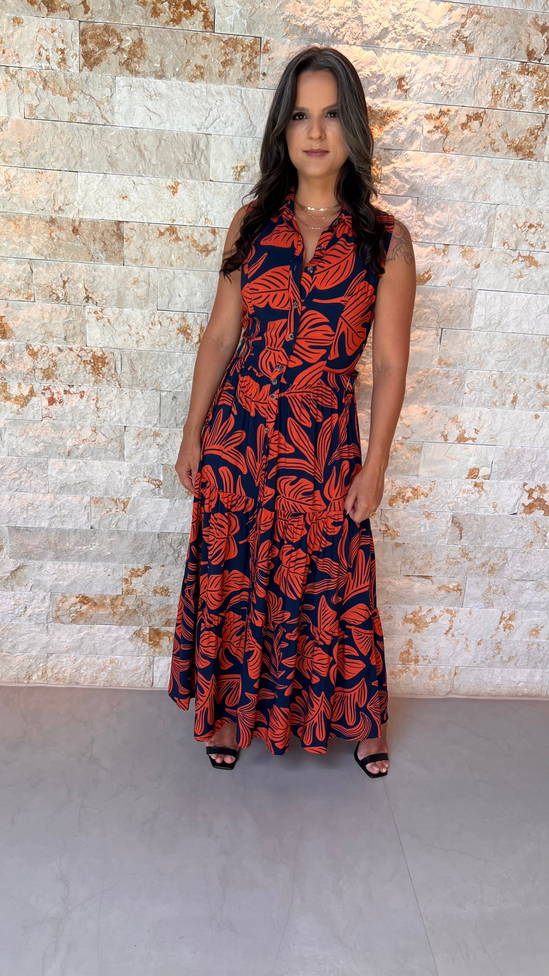 Vestido Midi Chemisse Cinto Fixo PIS - Estampado Terracota 5551/2