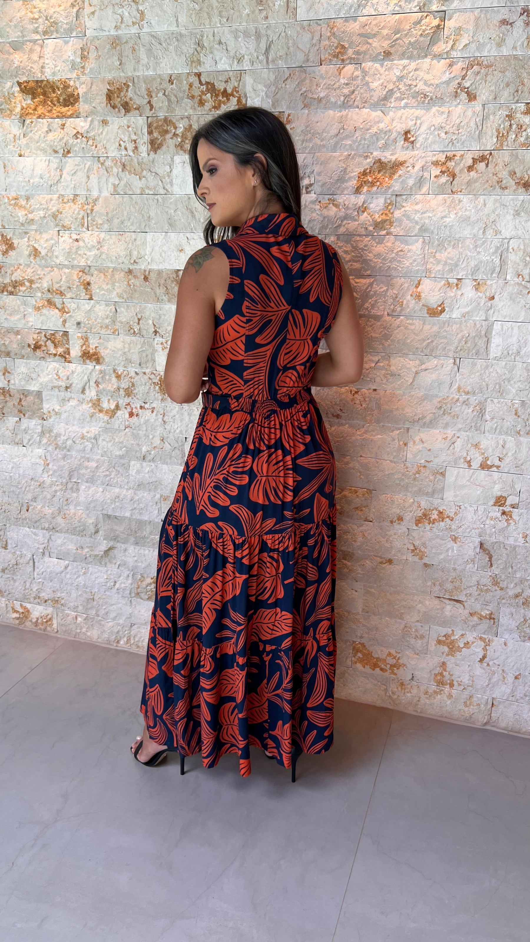 Vestido Midi Chemisse Cinto Fixo PIS - Estampado Terracota 5551/2