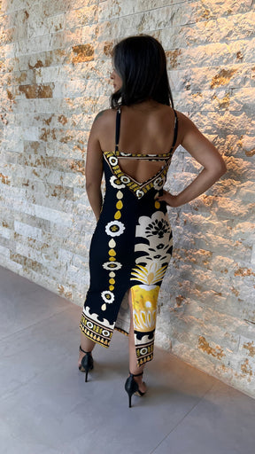 Vestido Midi Malha Canelada Alças ARTE- Estampado Preto 5561