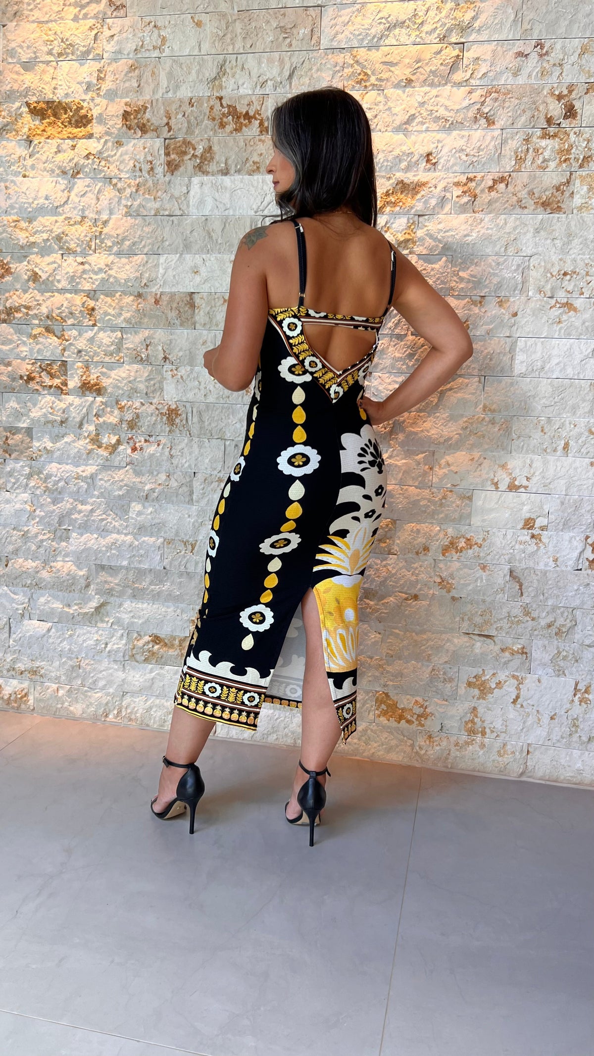 Vestido Midi Malha Canelada Alças ARTE- Estampado Preto 5561