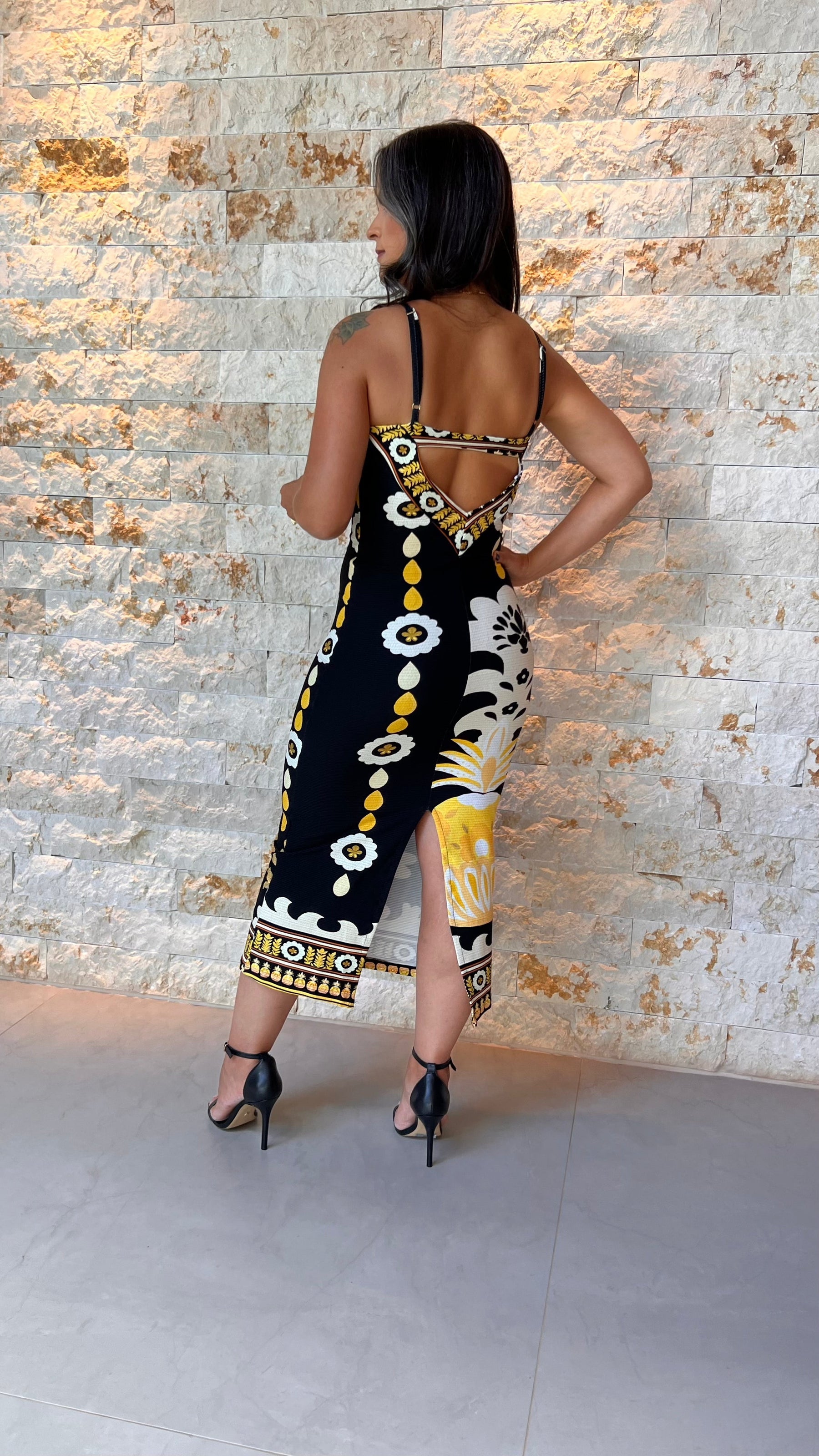 Vestido Midi Malha Canelada Alças ARTE- Estampado Preto 5561