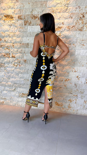 Vestido Midi Malha Canelada Alças ARTE- Estampado Preto 5561