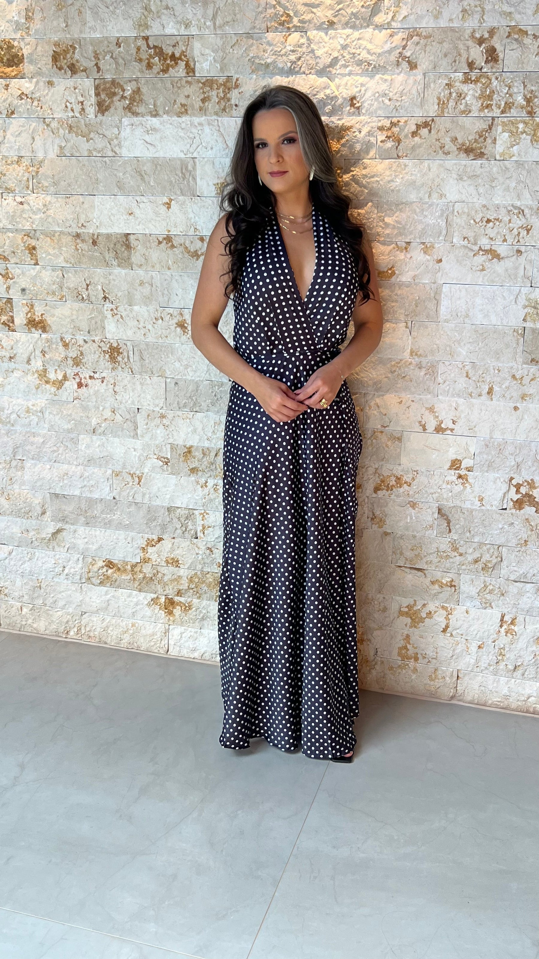 Vestido Longo Frente Única Poá- Preto 5909