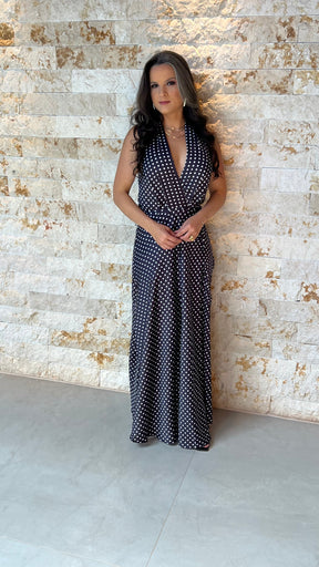 Vestido Longo Frente Única Poá- Preto 5909