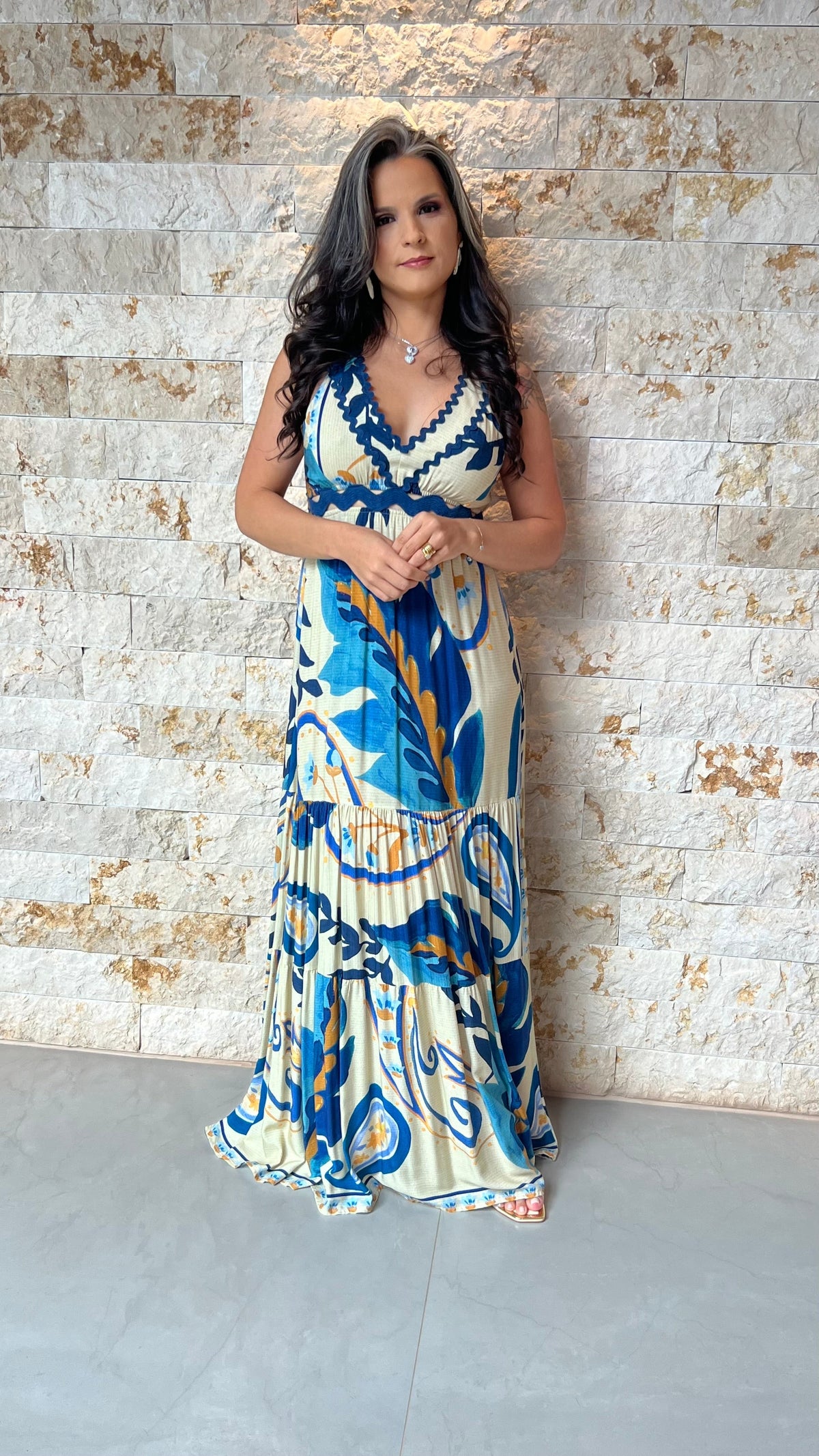 Vestido Longo vazado Cintura ARTE - Estampado 5469