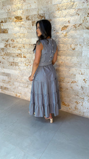 Vestido Midi Cinto Risca de Giz PIS- Estampado 5901