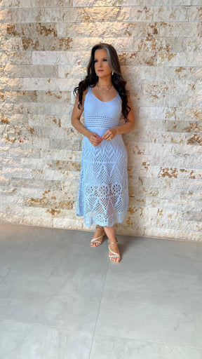 Vestido Midi Tricô Bordado POLI- Azul 5911
