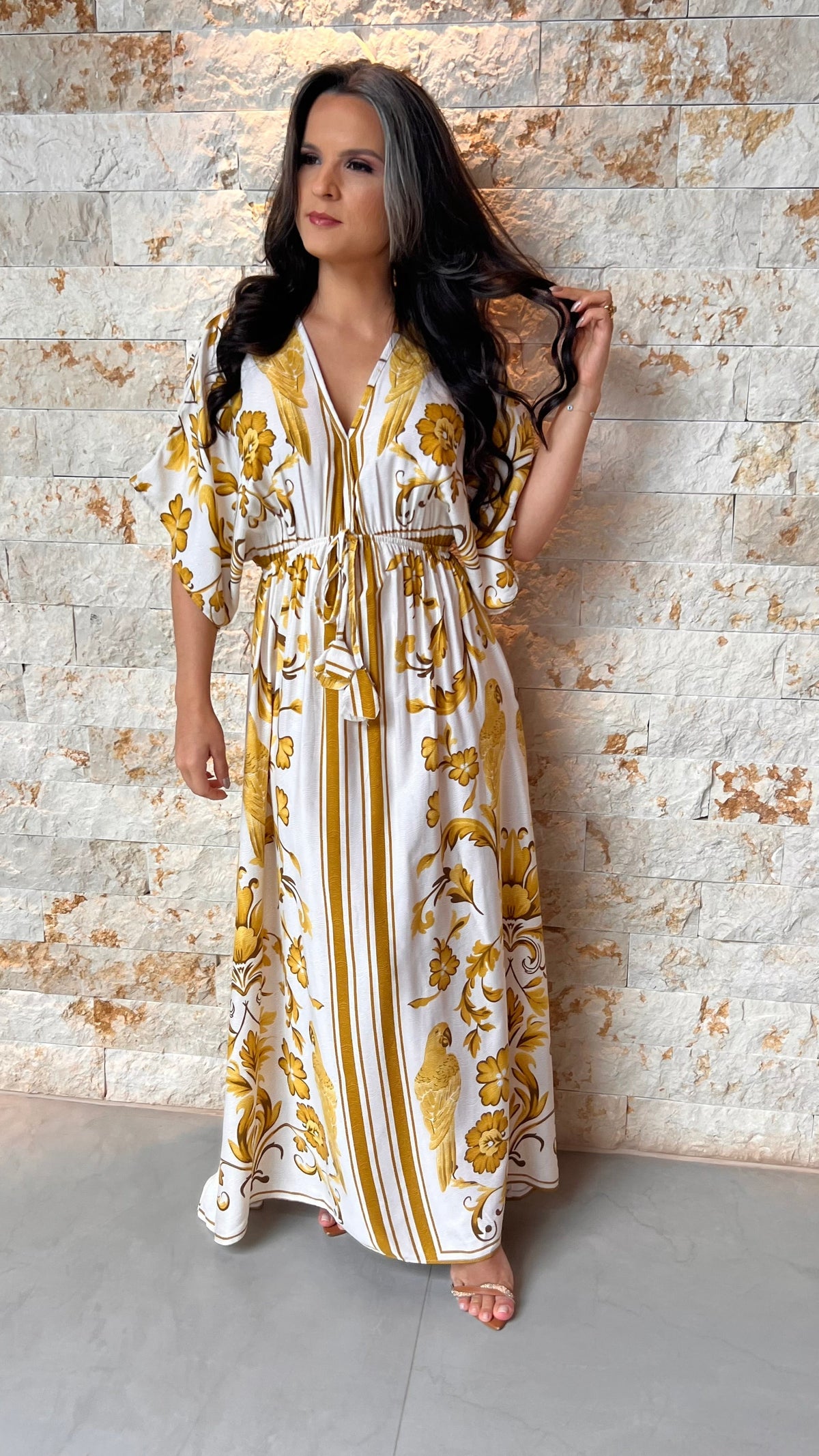 Vestido Longo Manga Solta POLI- Estampado Amarelo 5978