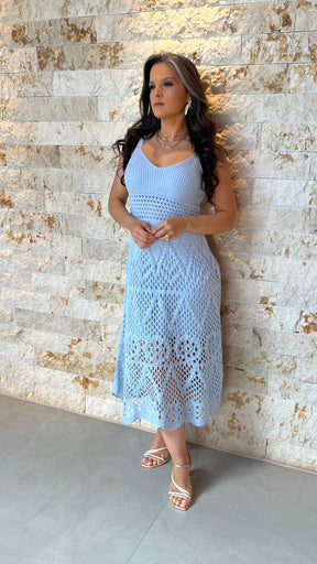 Vestido Midi Tricô Bordado POLI- Azul 5911
