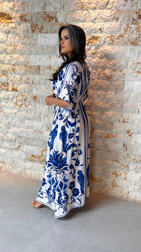Vestido Longo Manga Solta POLI- Estampado Azul 5978