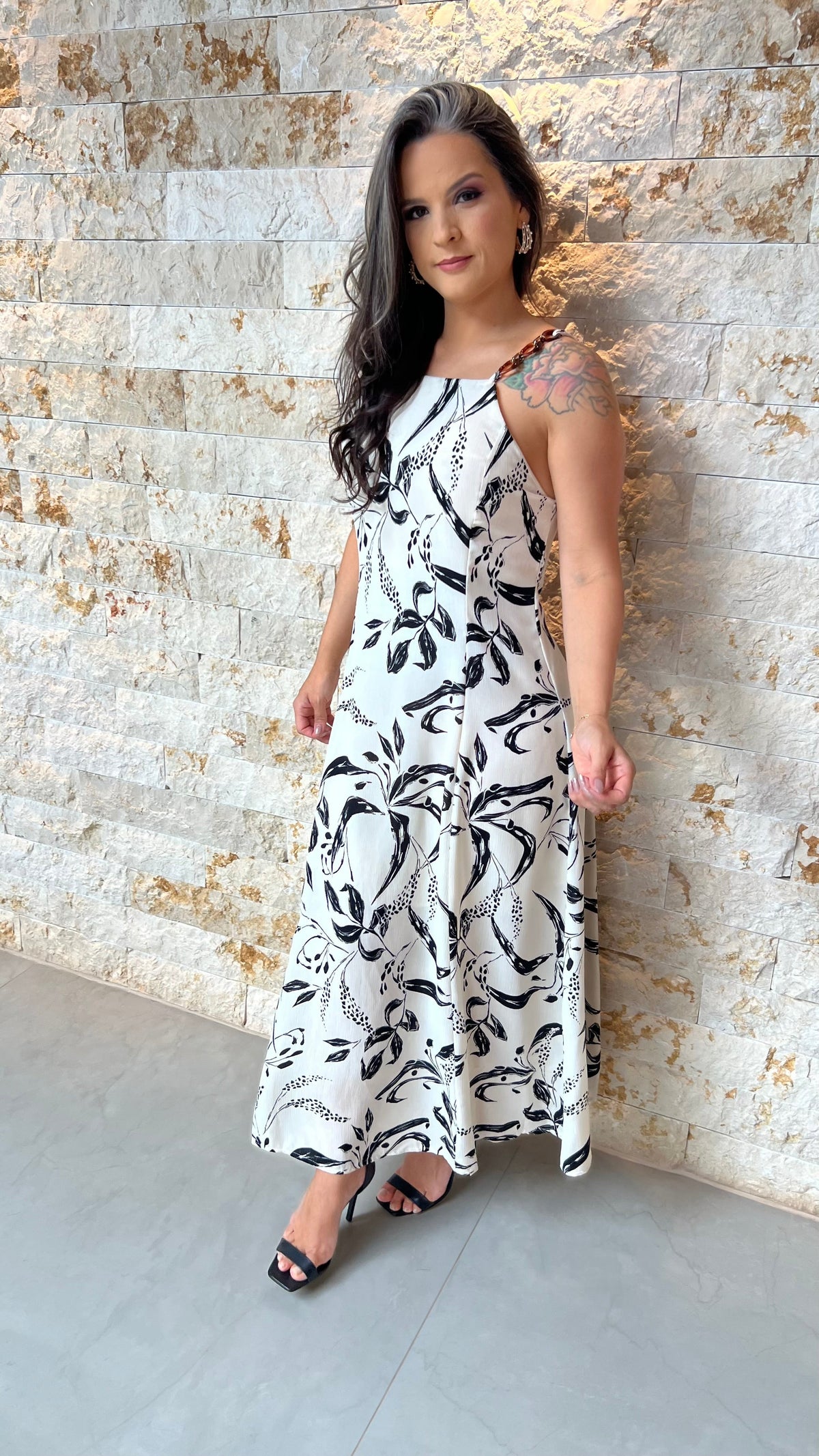 Vestido Midi Alça Fivela ALO- Estampado Branco 5928