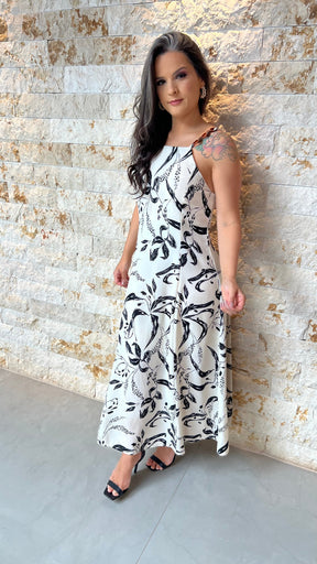 Vestido Midi Alça Fivela ALO- Estampado Branco 5928