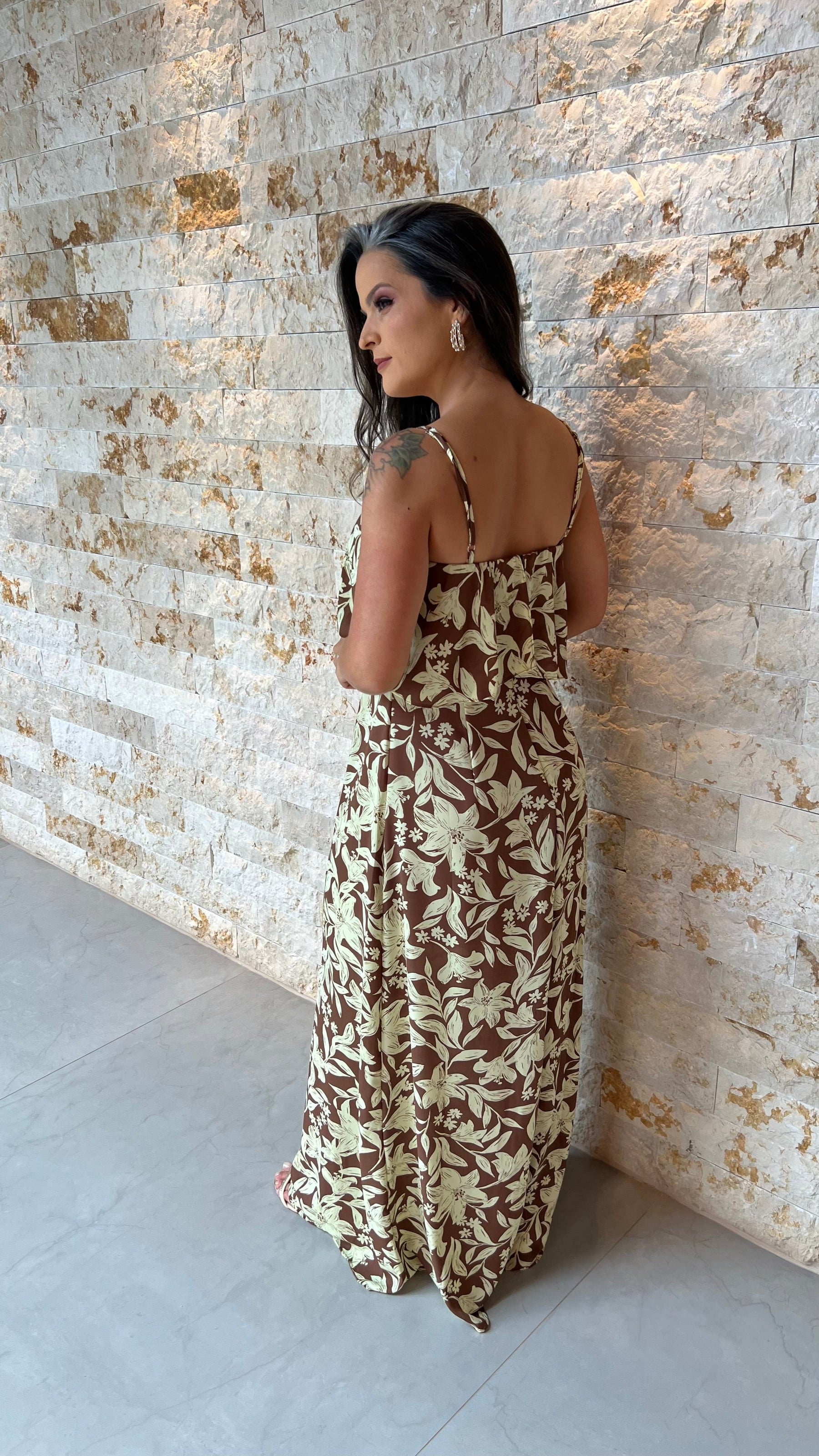 Vestido Longo Alcinha Babado Busto ALO- Marrom 5927