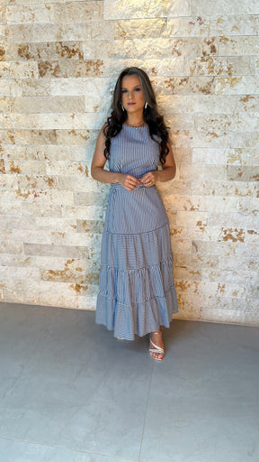 Vestido Midi Cinto Risca de Giz PIS- Estampado 5901