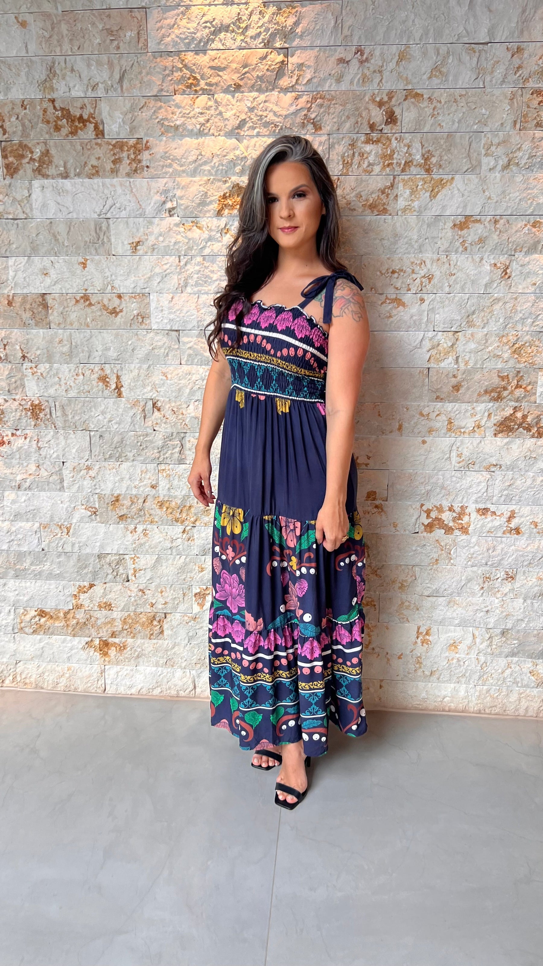 Vestido Midi Lastex Amarração Ombro PIS- Estampado 6001