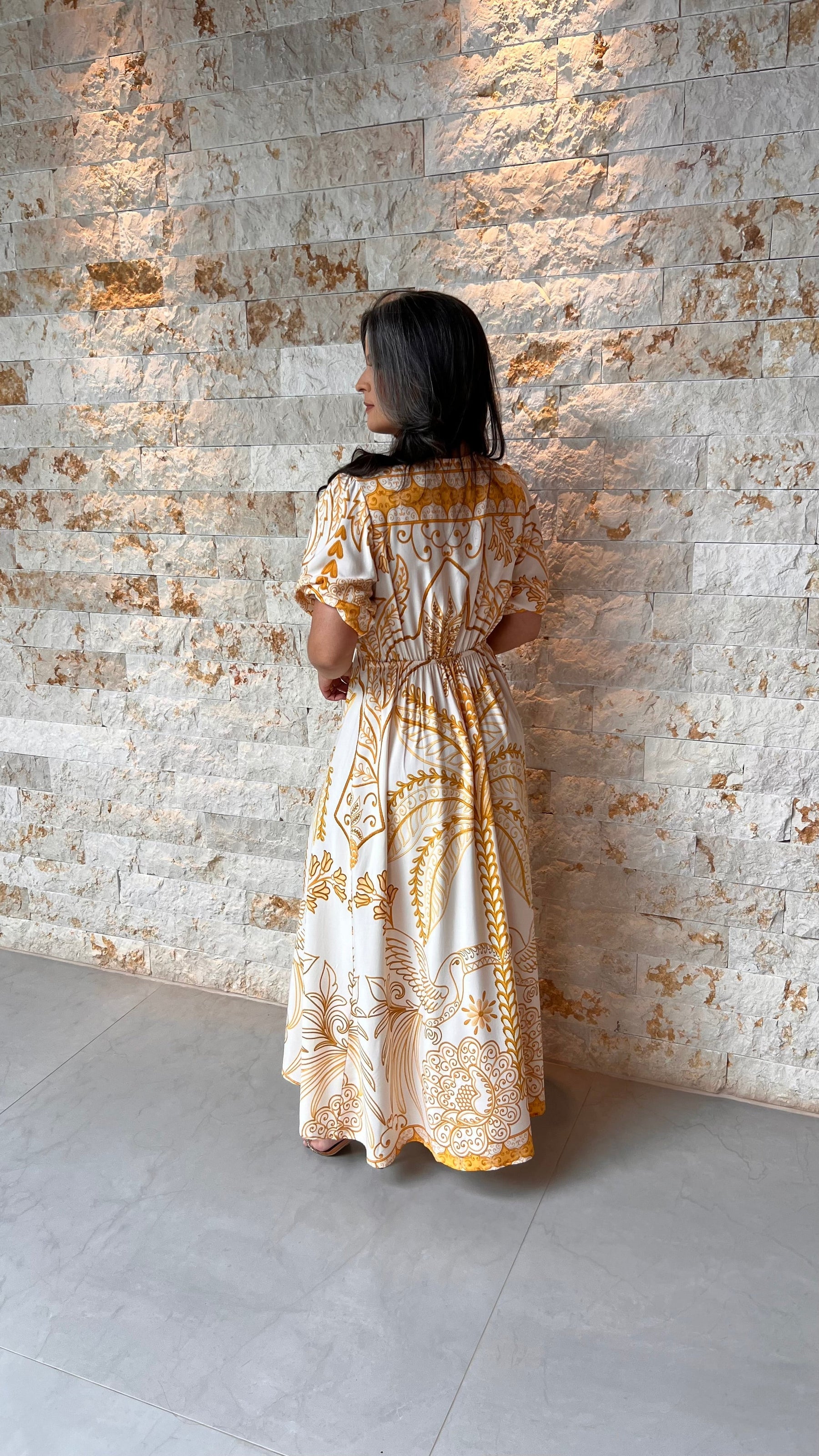 Vestido Longo Dec Azulejo POLI- Estampado Amarelo 6034